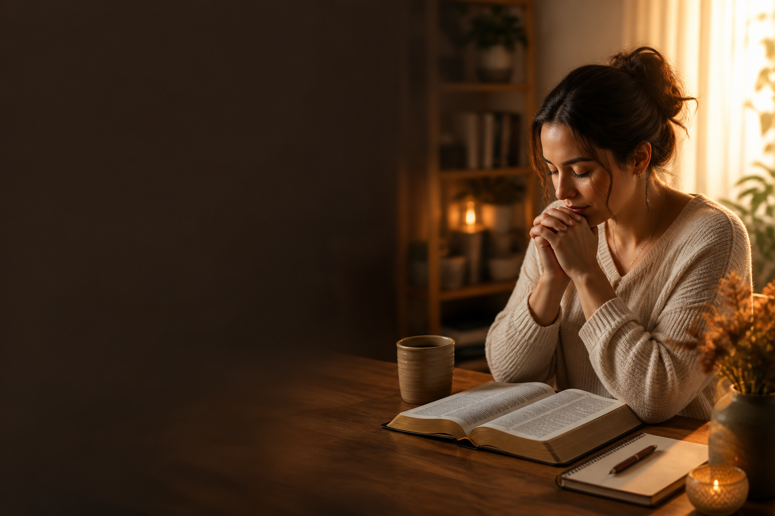 cena de fundo com mulher em momento de oração e leitura, ambiente acolhedor e elegante