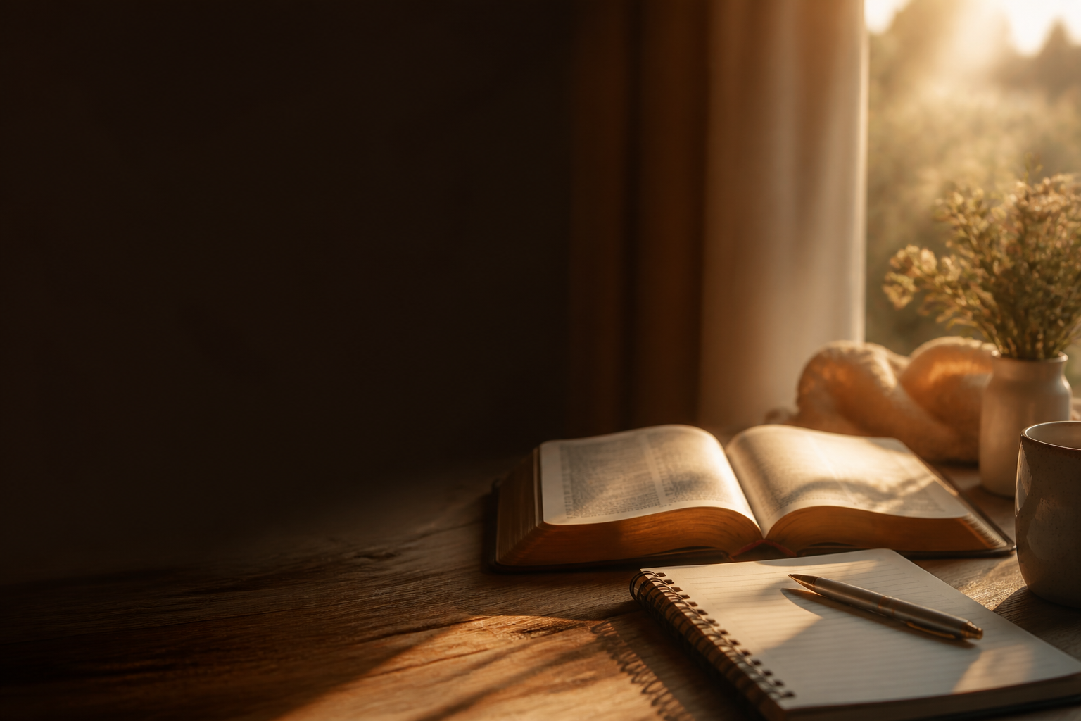 mesa com bíblia aberta, caderno e luz suave em ambiente de decisão tranquila